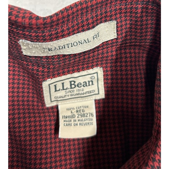 LL BEAN Flannel Button Down Shirt Mens Size Large L-REG Red & Black Houndstooth - Picture 8 of 12